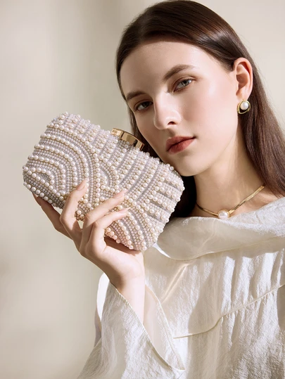 Clariva Elegant Faux Pearl Clutch, Evening Purse With Detachable Chain For Women, Perfect For Weddings, Parties And Formal Events, Wedding Accessories, Elegant Faux Pearl Bag, Elegant Pearl Clutch, Prom Bag For Party, Fashionable Clutch Bags For Woman
