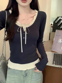 甜美蝴蝶结长袖荷叶边女式衬衫，春夏款，情人节/冬季上衣