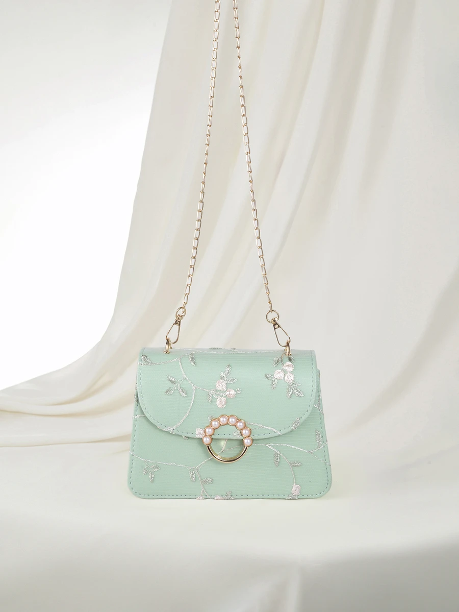 Clariva Mini Square Bag Flower Embroidery Faux Pearl Decor Fashionable - Green - View 1