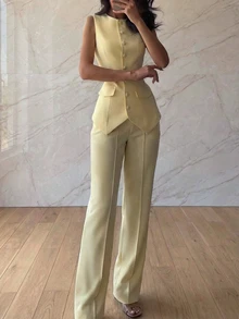 Bộ 2 món gồm áo vest không tay màu trơn và quần cạp cao, kiểu dáng thanh lịch, phù hợp cho công sở và đi làm, thời trang mùa hè mới dành cho nữ. - Màu vàng - Xem 2