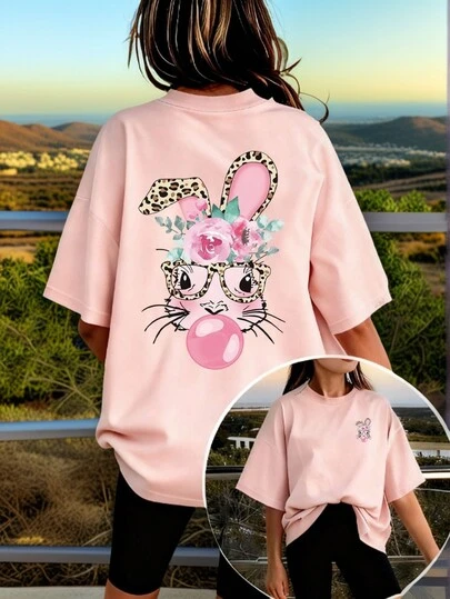 1pc Easter Bunny Print Pullover Pink Short Sleeve T-Shirt For Tween GirlsComfortable & Fashionable Summer Top