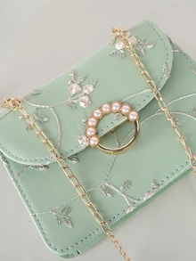 Clariva Mini Square Bag Flower Embroidery Faux Pearl Decor Fashionable - Green - View 4