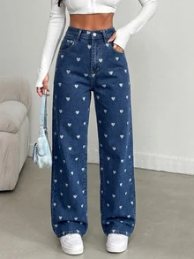 Women's Casual Elastic Washed Skinny Heart Print Flared Leg Pants, Minimalist European & American Street Style Spring - Medium Wash - View 2