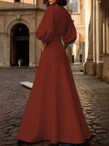 2026春秋新款休闲时尚蝙蝠袖V领系带不规则A字开衩长裙，女士春夏新款长裙，女士夏季服装，宽松版型，休闲版型，系带腰身，适合各种身材，百搭简约设计，带口袋 - 酒紅色 - 查看 2