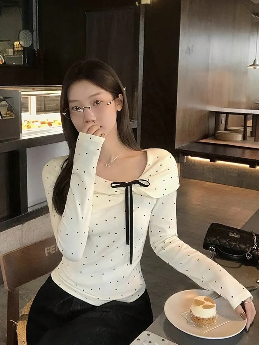 韩版波点斜领长袖T恤，蝴蝶结设计，修身版型，百搭女式上衣 - 杏色 - 查看 1