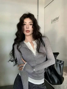 初秋女士休闲二合一修身长袖T恤