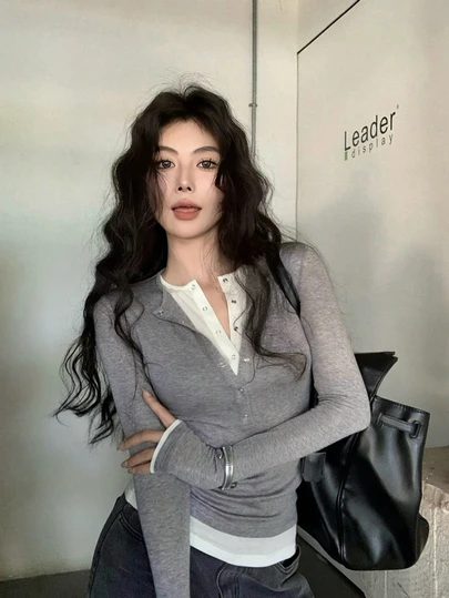 初秋女士休闲二合一修身长袖T恤