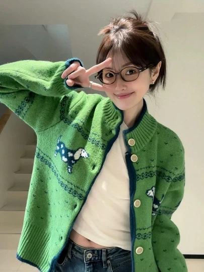 韩版秋冬复古费尔岛风针织开衫女