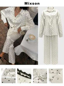 بلوزة أنيقة وفينتاج مزينة بأزرار أمامية وياقة، وبنطلون ساتان مرقع بالنقاط والدانتيل، طقم من قطعتين مناسب للذهاب إلى العمل والاستخدام اليومي - لون مشمشي - مشاهدة 5