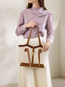 Clariva Women's Casual Splicing Zipper Shoulder Bag With Large Capacity For Everyday Use Handbags, New In Fall/Winter Large Capacity Shoulder Tote Bag - Beige - View 3