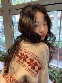 复古圣诞系列费尔岛毛衣设计拼色女款毛衣 - 杏色 - 查看 4