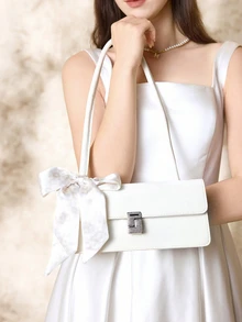 Clariva A Fashionable Underarm Bag , Silk Scarf Decoration , Hardware Lock Closure, Flap Opening, Lightweight Solid Colour Shoulder Bag, Bag. Suitable For Ladies Daily Use - White - View 1