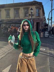 Women's American Sweet & Spicy Design Hooded Cable Knit Long Sleeve Pullover Sweater - Green - View 1