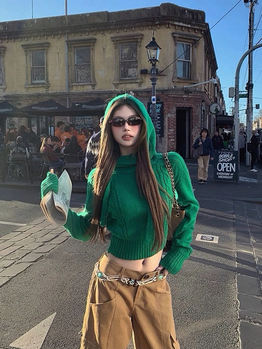 Women's American Sweet & Spicy Design Hooded Cable Knit Long Sleeve Pullover Sweater - Green - View 1