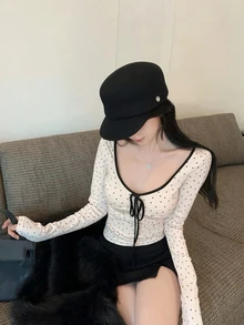 韩版撞色系带波点印花长袖T恤，性感时尚女式上衣，情人节、春夏假期必备 - 杏色 - 查看 2