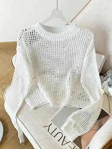 休闲宽松镂空针织短款上衣，长袖毛衣 - 白色 - 查看 2