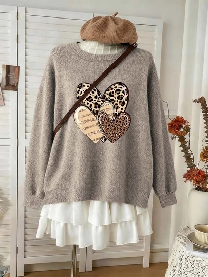 Valentine's Day Plus Size Women's Knitted Long Sleeve Round Neck Top With Leopard Print Hearts Regular Fit Rib-Knit Details High Stretch Fabric Casual Pullover