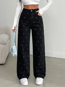 Women's Casual Elastic Washed Skinny Heart Print Flared Leg Pants, Minimalist European & American Street Style Black Spring - Black - View 2