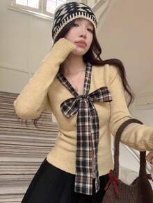 Korean Style 2 In 1 Apricot Knit Cardigan, Plaid Bow Decor Sweater Jacket, Suitable For Winter, Christmas, Spring Festival New Year - Apricot - View 1
