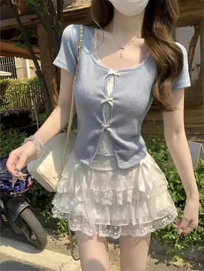 女士夏季蕾丝拼接二合一短袖T恤，情人节，秋冬季