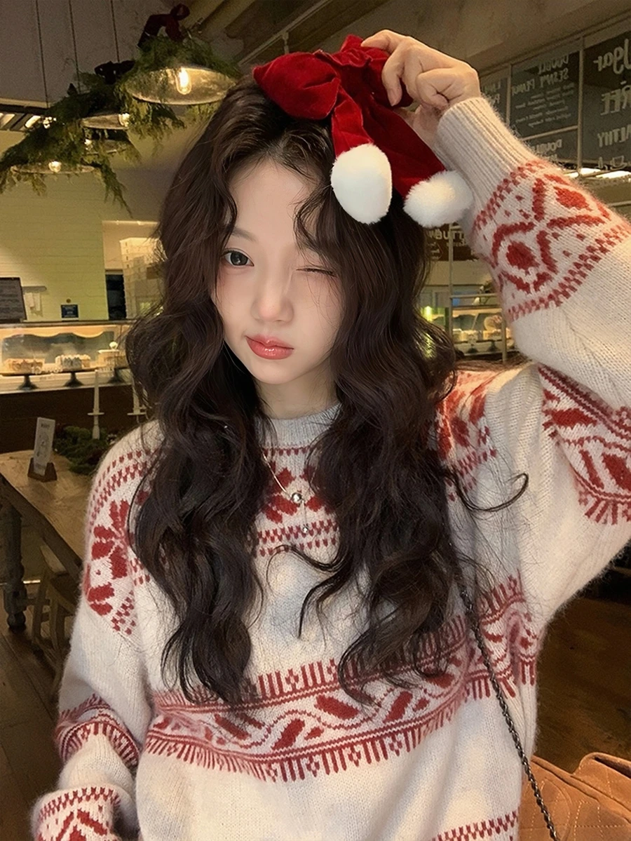 复古圣诞系列费尔岛毛衣设计拼色女款毛衣 - 杏色 - 查看 1