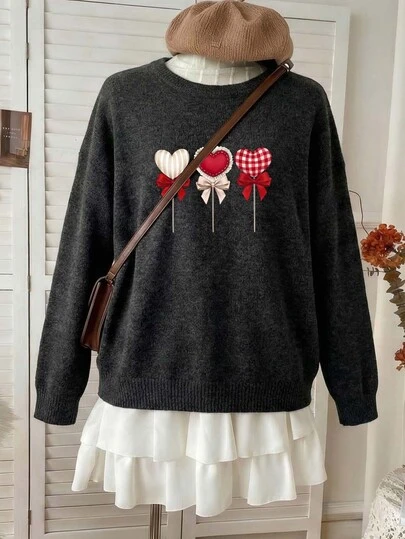 Sweaters For Women Valentine's Day Plus Size Black Knitted Fabric Regular Long Sleeve Round Neck Top With Heart Embroidery And Rib-Knit Details High Stretch For Women Women's Imitation Sweater