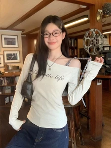斜肩格纹系带打底衫，秋季字母印花修身长袖女式上衣，情人节、秋冬季/春季款