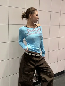 美国性感修身露肩长袖字母印花撞色女衬衫