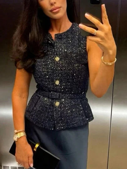 Women's Button Decor Ruffle Hem Camisole, Wide Strap, Summer Women's Basic French Metal Button Sleeveless Thin Blazer