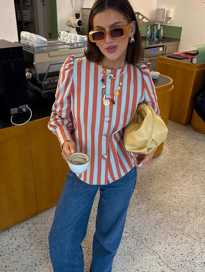 Camisa feminina casual listrada de manga comprida com botões frontais