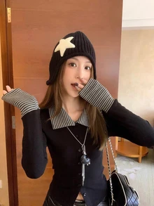 女式条纹拼布修身开衫上衣，长袖翻领 T 恤