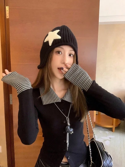 女式条纹拼布修身开衫上衣，长袖翻领 T 恤