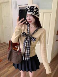 Korean Style 2 In 1 Apricot Knit Cardigan, Plaid Bow Decor Sweater Jacket, Suitable For Winter, Christmas, Spring Festival New Year - Apricot - View 2