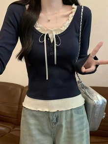 甜美蝴蝶结长袖荷叶边女式衬衫，春夏款，情人节/冬季上衣