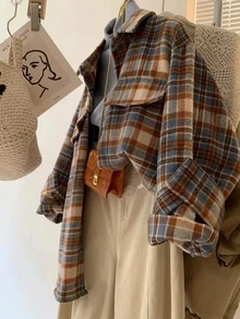 YUXIN 复古做旧格纹拉绒衬衫，宽松休闲羊毛外套，女士款，秋冬春季 - 藍卡色 - 查看 2