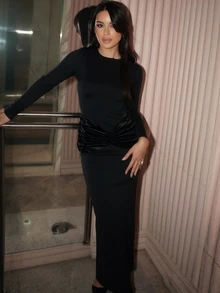 Women's Twist Ruffle Zip Up Long Sleeve Dress, Solid Color Elegant Party Casual Cute Knit Fabric Formal Evening Cocktail Wedding Holiday Everyday Wear, Spring/Autumn - Black - View 2