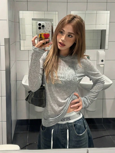 复古美式珍珠和水钻装饰长袖 T 恤，休闲宽松圆领女式上衣，秋季