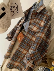 YUXIN 复古做旧格纹拉绒衬衫，宽松休闲羊毛外套，女士款，秋冬春季 - 藍卡色 - 查看 3