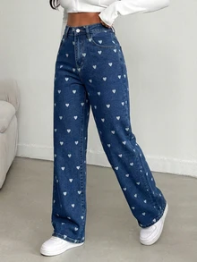 Women's Casual Elastic Washed Skinny Heart Print Flared Leg Pants, Minimalist European & American Street Style Spring - Medium Wash - View 4