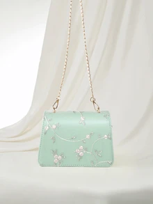 Clariva Mini Square Bag Flower Embroidery Faux Pearl Decor Fashionable - Green - View 3