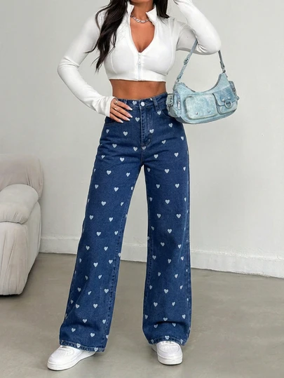 Pantalones de pierna acampanada con estampado de corazón, lavados y elásticos, de estilo casual minimalista europeo y americano