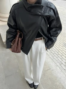 New Vintage Bomber Leather Jacket, Solid Color Casual Zipper Pocket Jacket, Regular Fit - Black - View 3