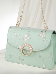 Clariva Mini Square Bag Flower Embroidery Faux Pearl Decor Fashionable - Green - View 5