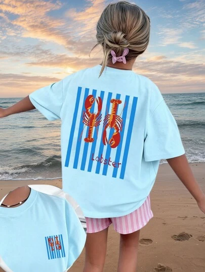 1pc Tween Girls Tropical Lobster Print Short Sleeve T-Shirt, Student Young Casual Wear Top, Perfect For Beach Play
