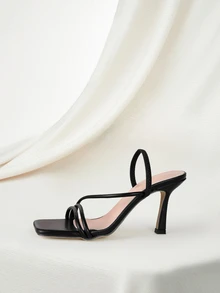 Clariva 女士高跟凉鞋，性感小猫跟方头高跟鞋，绑带装饰，春夏新款日常百搭女士拖鞋凉鞋，精致高跟鞋，婚鞋，新娘高跟鞋，派对优雅假日酒杯高跟纯色新款夏季高跟凉鞋，户外纯黑色正装凉鞋，高端女士高跟鞋，松紧后绑带女士高跟凉鞋 - 黑色 - 查看 3