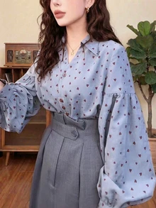 Women's All-Over Heart Print Collared Lantern Sleeve Casual Blouse Vacation Spring - Dusty Blue - View 2