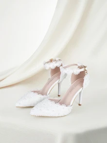 Clariva 9cm 白色蕾丝婚礼高跟凉鞋、细高跟尖头扣带玛丽珍凉鞋、白色仿珍珠婚礼新娘晚会礼服凉鞋、女士优雅高跟凉鞋、白色公主生日派对毕业舞会高跟鞋情人节 - 白色 - 查看 1