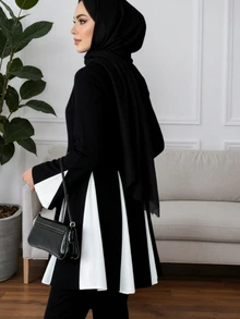 Women's Black & White Two Pieces Set - High Neck Tunic With Geometric Panels & Wide Leg Pants For Summer Office, Brunch & Casual Wear - Modest Fashion Outfit - Black - View 5