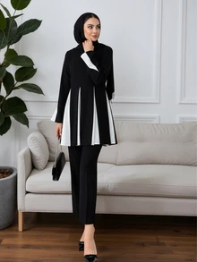 Women's Black & White Two Pieces Set - High Neck Tunic With Geometric Panels & Wide Leg Pants For Summer Office, Brunch & Casual Wear - Modest Fashion Outfit - Black - View 4
