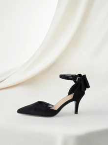 Clariva 女式黑色缎面蝴蝶结尖头踝带高跟鞋，春秋款 - 黑色 - 查看 2